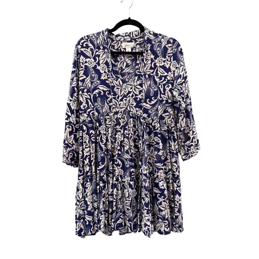 Japana Women's Blue and White Floral Pull over Short Dress Size M